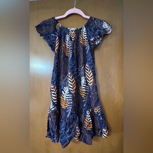 Ava Sky Kids Dress with Navy and Orange Leaf Pattern